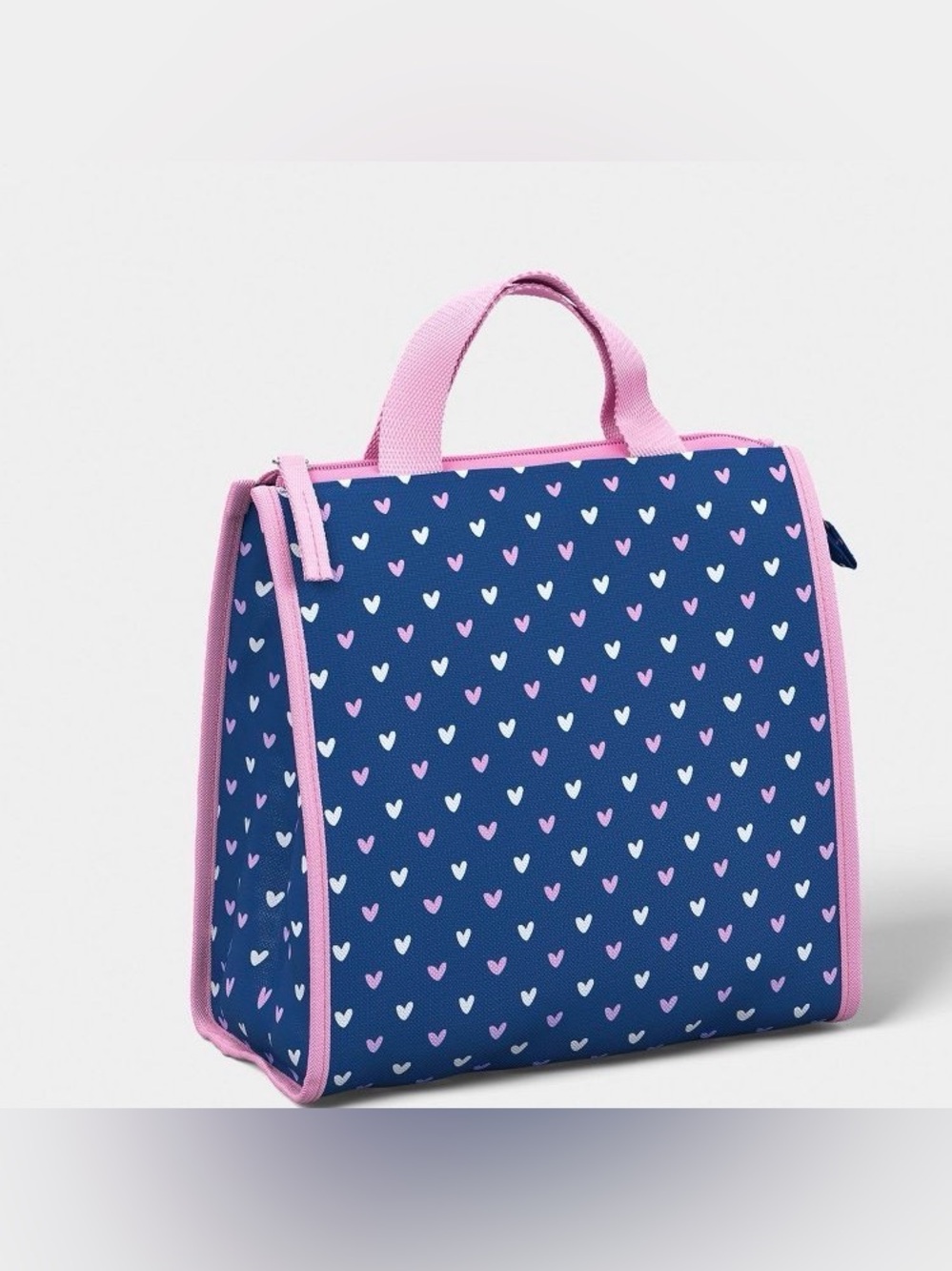 Navy Heart-Print Travel Lunch Bag with Pink Trim